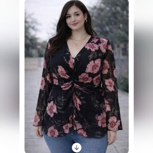 INC International Concepts Black Floral V-Neck Gathered Blouse – XL